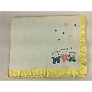 Riegel Baby Blanket Yellow Trim White Blue Teddy Bears Vintage Stars 100% Cotton
